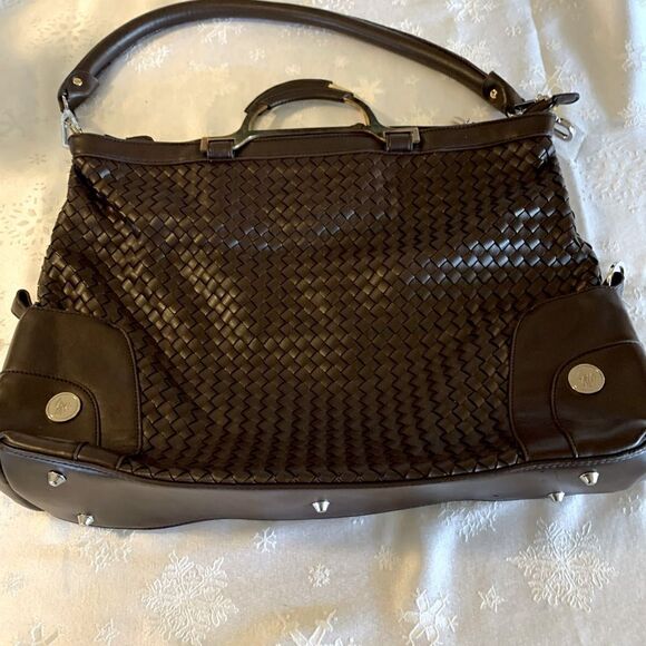 JM Convertible Handbag 3 Ways to Wear Brown Woven Vegan Leather Gorgeous - Picture 5 of 14